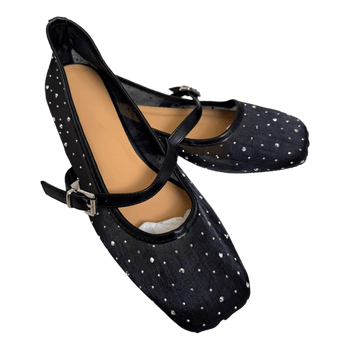 Black embellished mesh flats