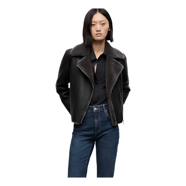 Black faux fur biker leather jacket