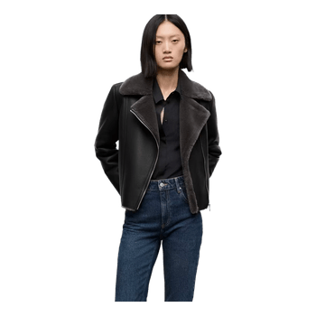 Black faux fur biker leather jacket
