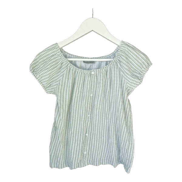 Green gingham button blouse