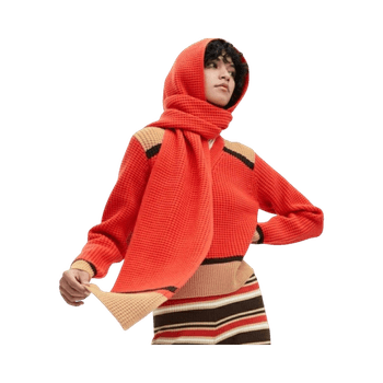 Punainen neulehuivi-huppu