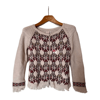 Beige knitted cardigan with patterns