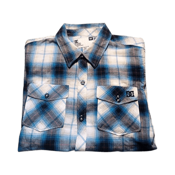Blue plaid button-up shirt