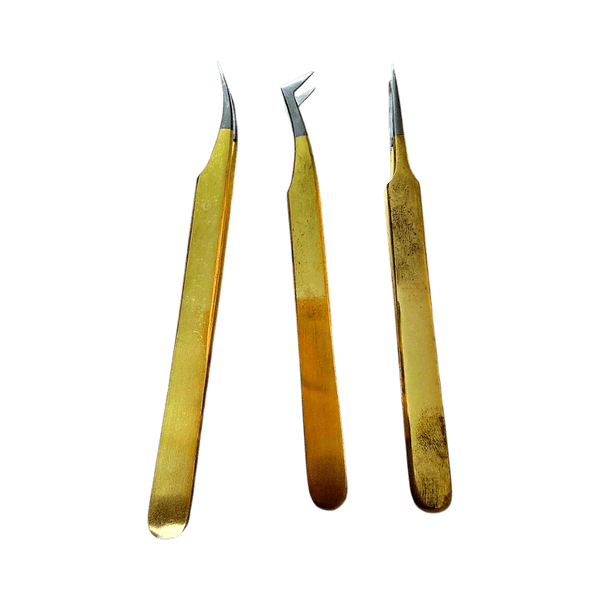 Set of 3 golden eyelashes tweezers