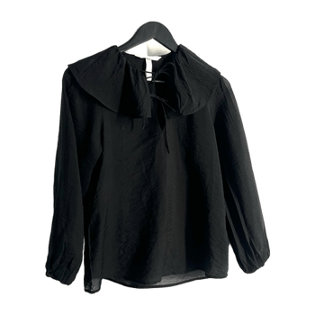 Black long-sleeve blouse with ruffled collar.