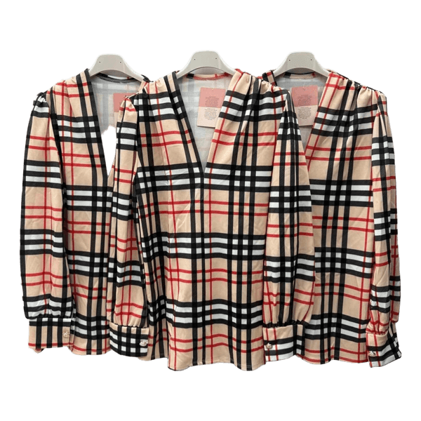 Beige plaid long-sleeved blouse