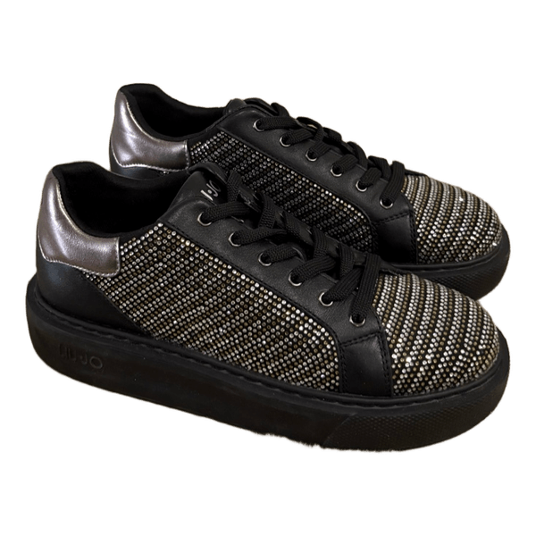 Black leather rhinestone sneakers