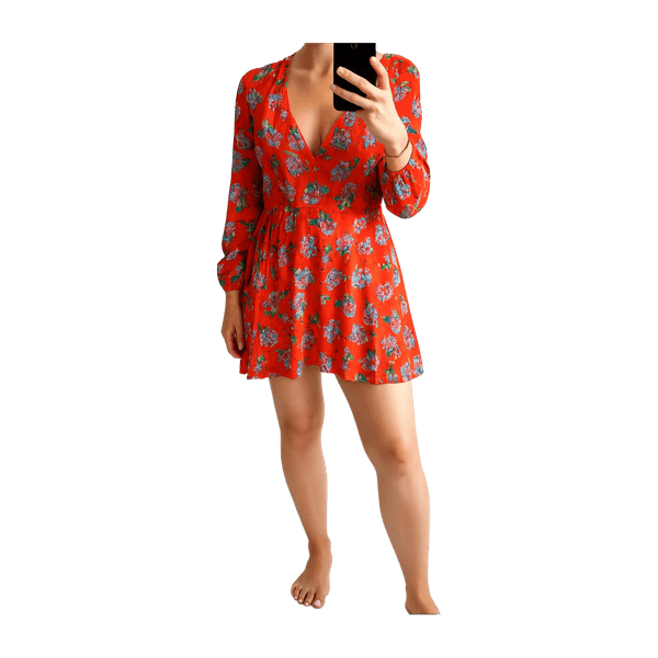 Red floral wrap dress