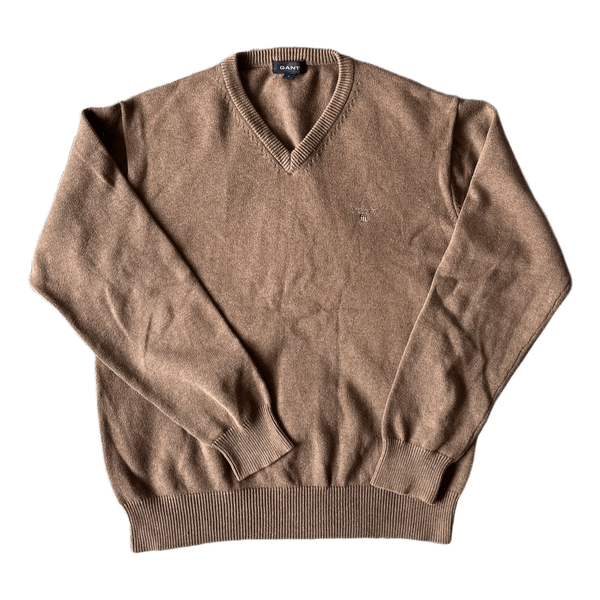 Men’s GANT V-neck sweater in muted brown.