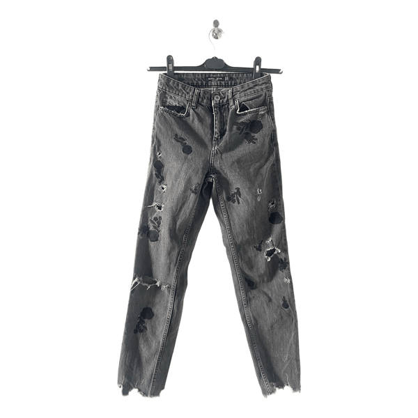Grey embroidered distressed jeans