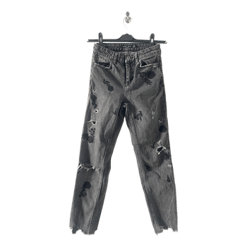 Grey embroidered distressed jeans