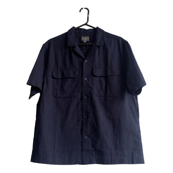 H&M Mens Navy Linen Cotton Short Sleeve Shirt M Regular Fit Camp Collar Utility Pockets