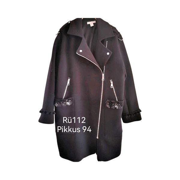 Black zip-up coat with floral details