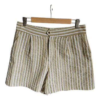 Pop-One Women's Linen Cotton Striped Shorts XL Beige White Coastal Summer Boho Casual