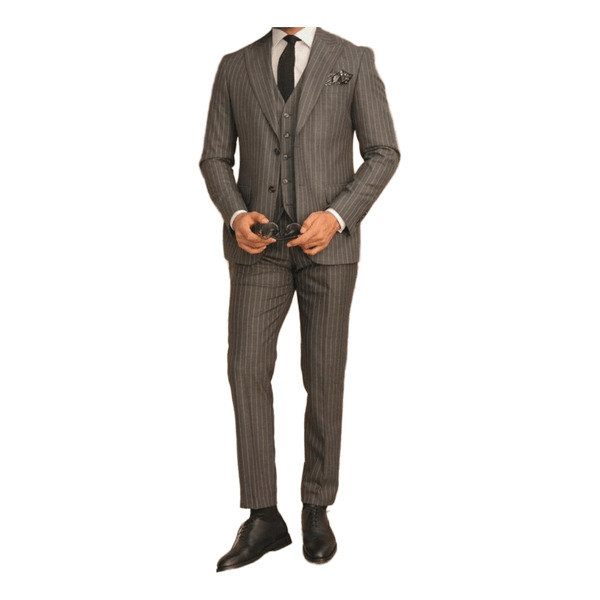 Grey striped three-piece suit