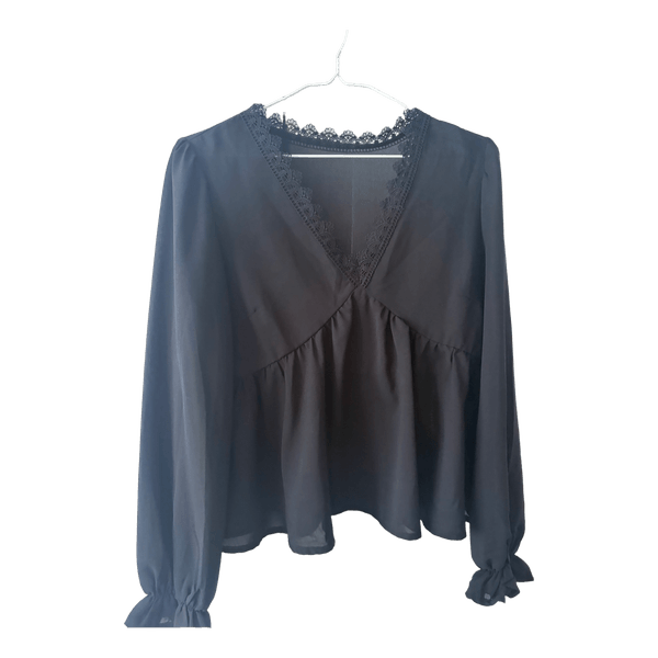 Sort Shein bluse med blonder