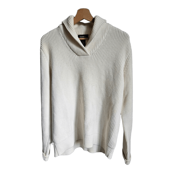 Lauren Ralph Lauren 100% Cotton Cream Shawl Collar Knit Sweater Size L Preppy
