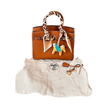 Brown Hermes Birkin leather handbag with scarf