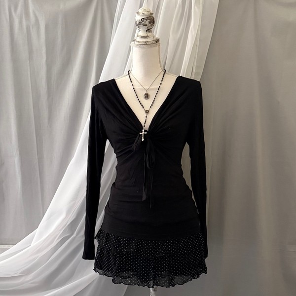 Black plunge tie-front top avant garde