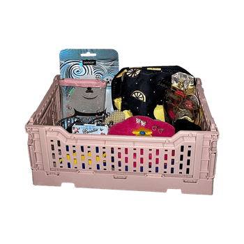 Pink storage basket with items