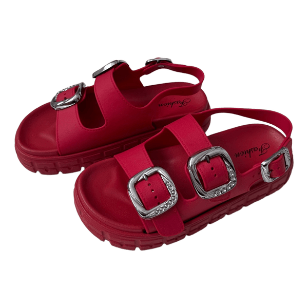 Red buckle sandals