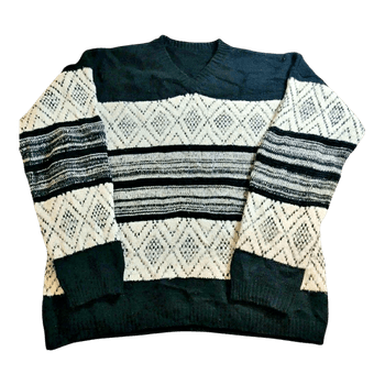 Vintage Made in Italy villasekoiteneule - Geometrinen kuosi - Mustavalkoinen - L/XL