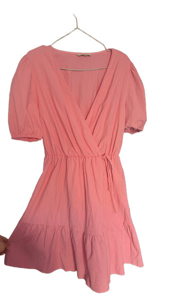 Pink short cotton dress with puffy sleeves