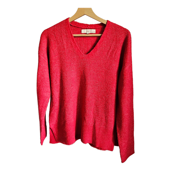 LOFT Petites Red V Neck Sweater XS Relaxed Knit Side Slit Pullover Jumper