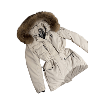 Beige puffer jacket with faux fur hood