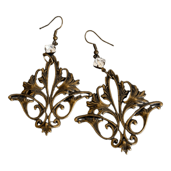 Antique brass filigree earrings with crystals