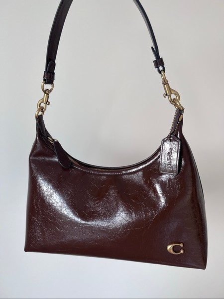 Brown patent leather handbag