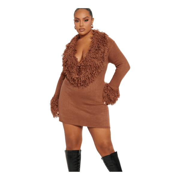 Fashion Nova Chi Sweater Mini Dress Mocha M Shaggy Fringe Y2K Boho Statement