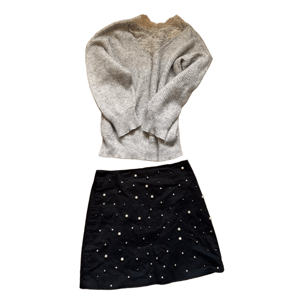 Grey knit sweater and skirt