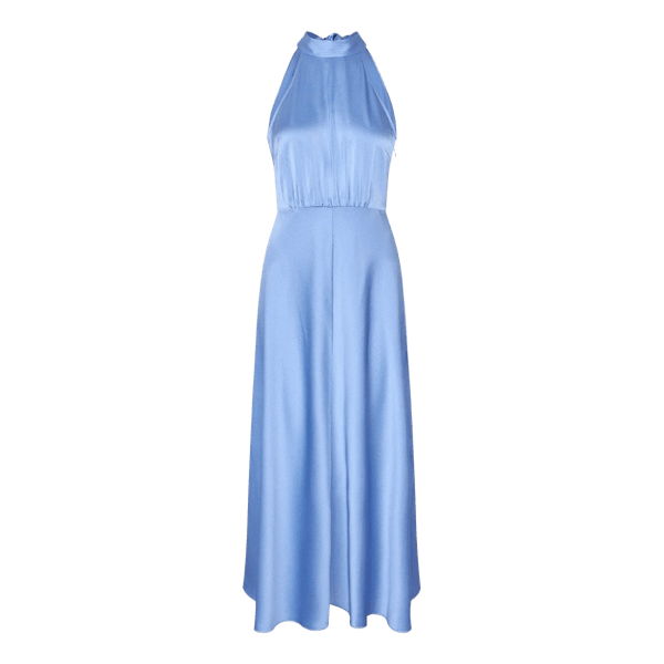 Blue satin halter midi dress