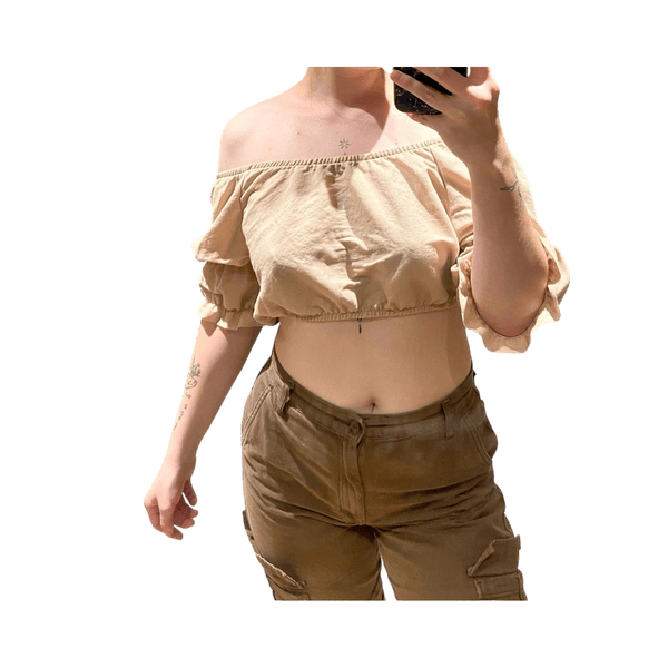 Beige cropped off-shoulder top with open back