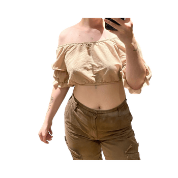 Beige cropped off-shoulder top with open back