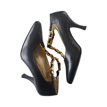 Stylish Black Leather Mario Valentino Heels with Gold Chain Detail