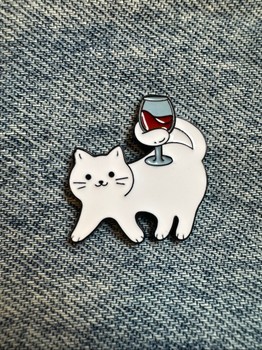 White cat wine enamel pin