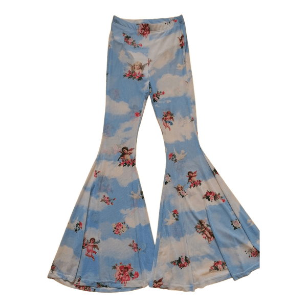 Blue angel print flared trousers