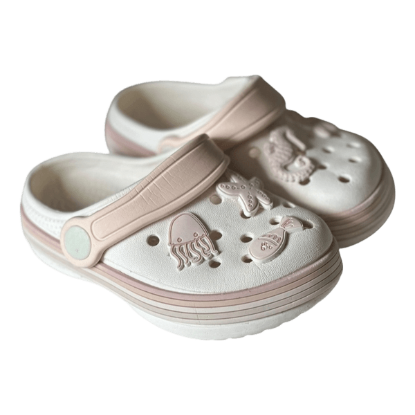 White and pink clogs