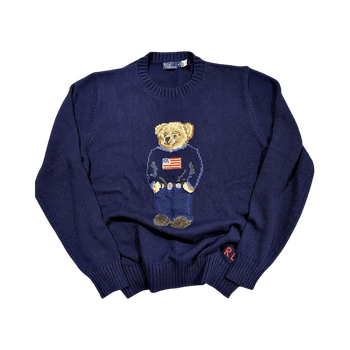 Navy blue knitted sweater with bear