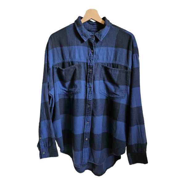 Aerie Oversized Buffalo Plaid Flannel Shirt Blue Black 100% Cotton S/P