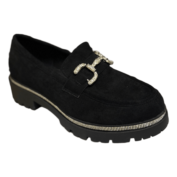 Black loafers with rhinestones