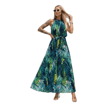 Green leaf print dress