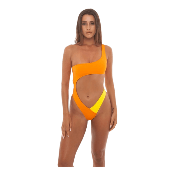Kiss’n’Thrill Orange Yellow Cut Out Swimsuit L Asymmetric High Leg Monokini NWT