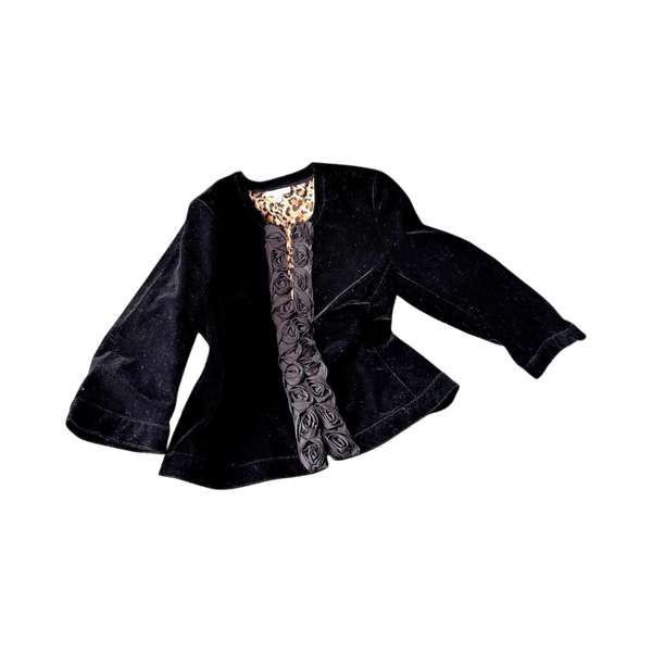 Black velvet jacket with 3/4 sleeves and rosette detailing