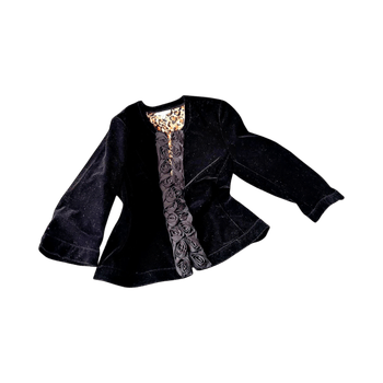 Black velvet jacket with 3/4 sleeves and rosette detailing