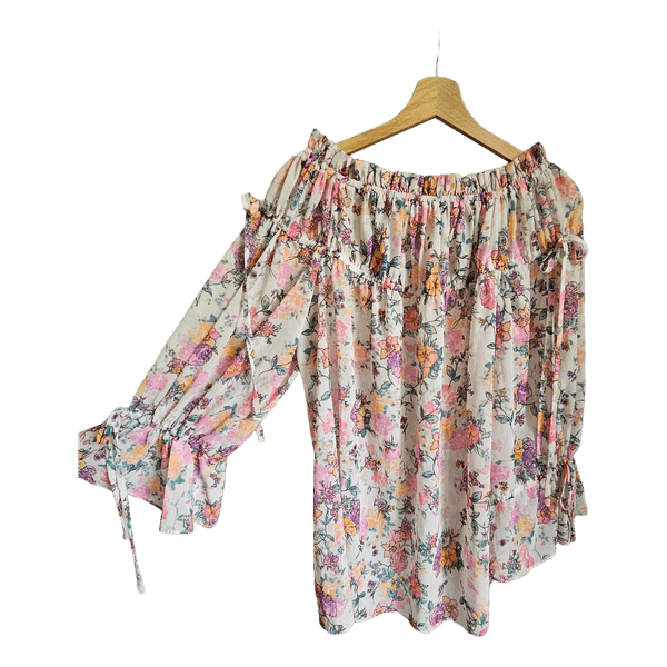 TULAROSA Floral Off Shoulder Blouse Size S Sheer Bell Sleeve Boho Romantic Top