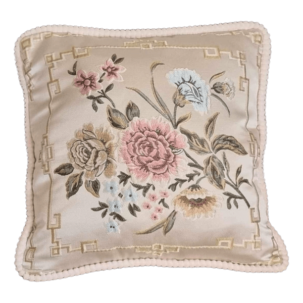 Beige floral embroidered cushion