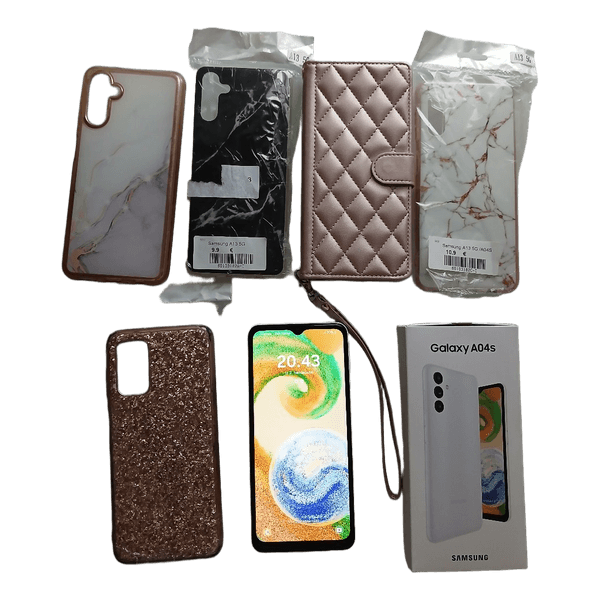 Samsung Galaxy A04s puhelin ja suojakuoret